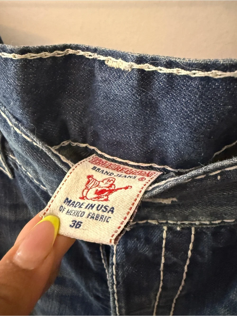 Y2K vintage True Religion Men's Dark Blue Jeans with crystal rhinestone design